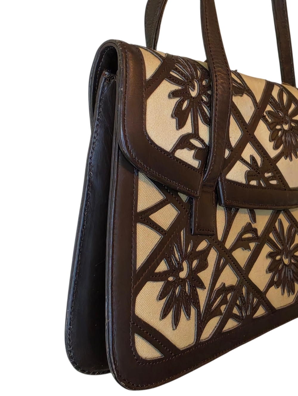 BCBGMAXAZRIA Vintage Floral Cutout Leather Canvas Satchel - Picture 4 of 6